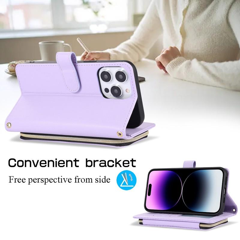 Luxury Zipper Phone Pouch IPhone 15 Slim Card Holder With Wrist Strap TPU Shockproof Case Korean Style