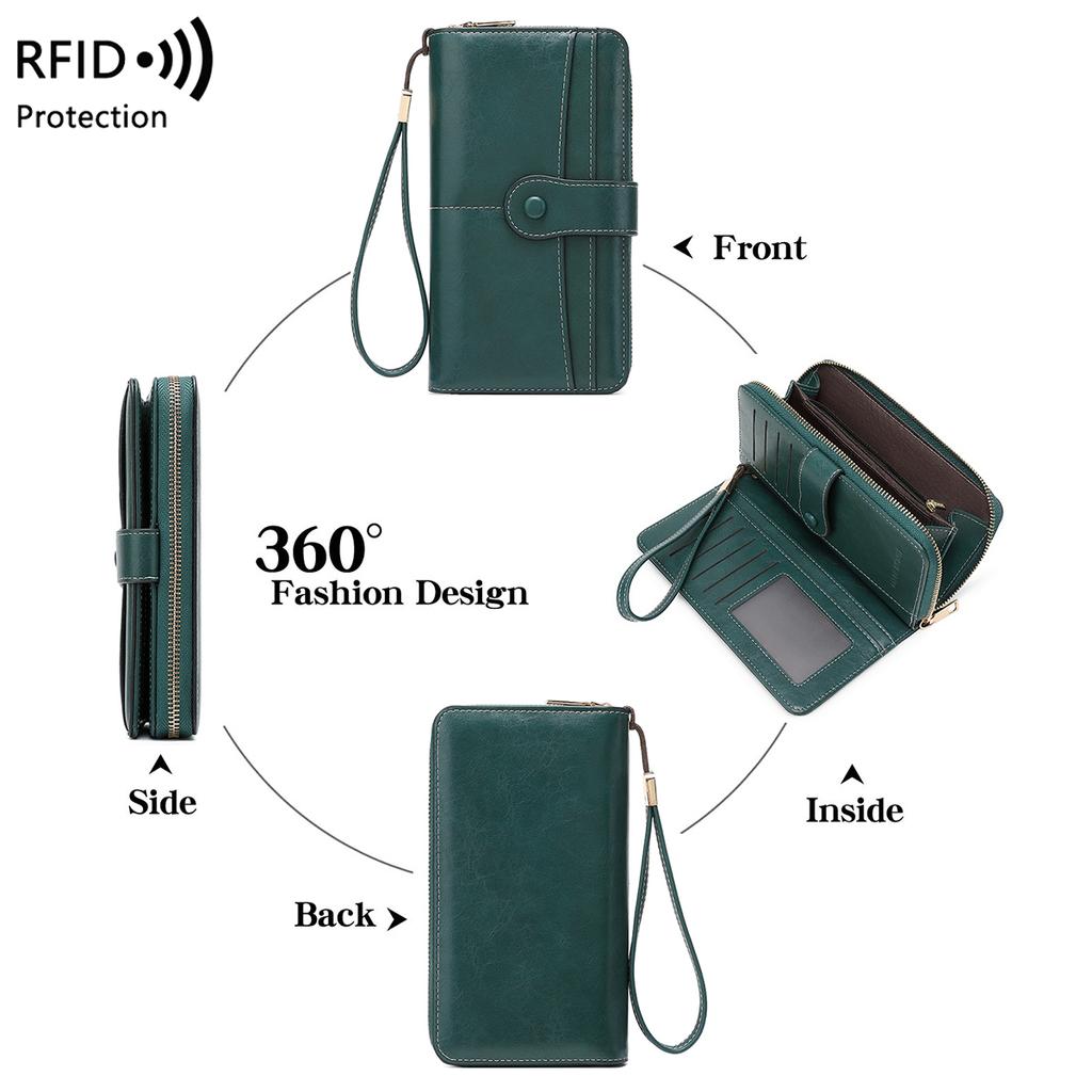 Women's Wallet RFID Anti-Theft Vintage Two Fold Large Capacity Long Wallet Zipper Buckle Multi Slot Coin Purse Card Holder PU Leather Clutch
