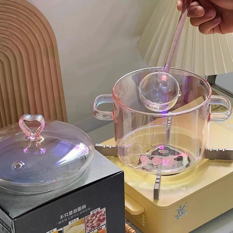1500ml Pink Glass Binaural Pot Transparent Borosilicate Heat-resistant Soup Stock Pots Noodle Soup Bowl Kitchen Cooking Cookware