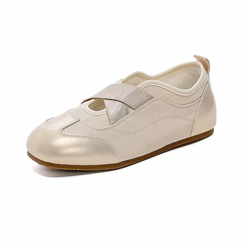 Leder kleine weiße Schuhe Damen Herbst neue Mode einzelne Schuhe flacher Boden gekreuztes elastisches Band Nische einzelne Schuhe Ballettstil