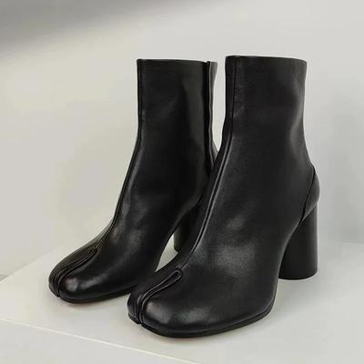 Mode Automne Hiver 2024 Cuir Souple Bout Fendu Tabi Bottines Cheville Femme Mode Talons Hauts Épais Chaussures Chunky Style Ins Bottines Courtes