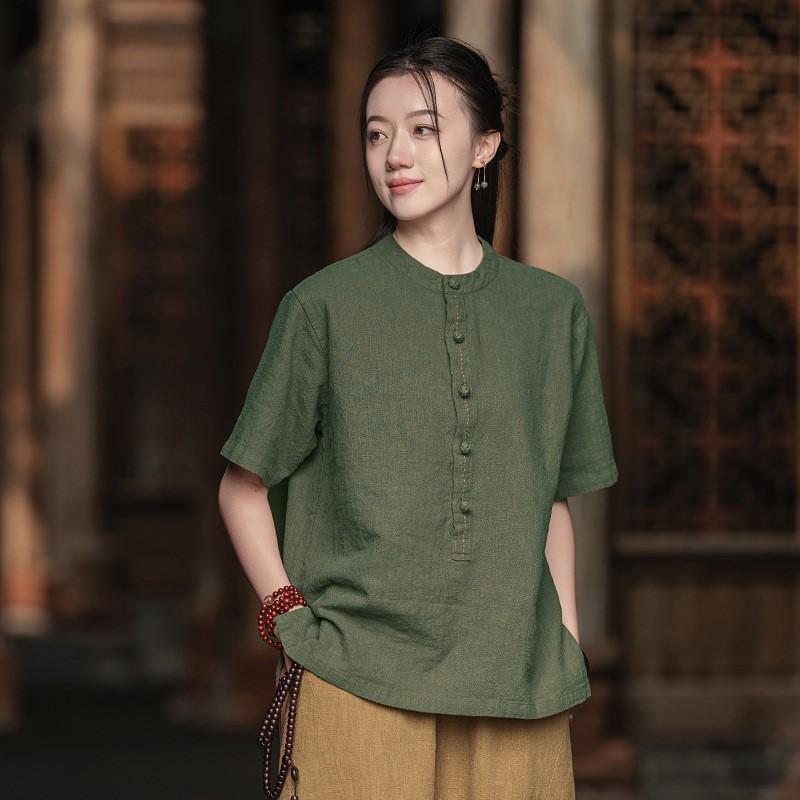 Johnature Women Vintage T-Shirts Stand Short Sleeve Summer Cloths Button Solid Color Loose T-Shirts