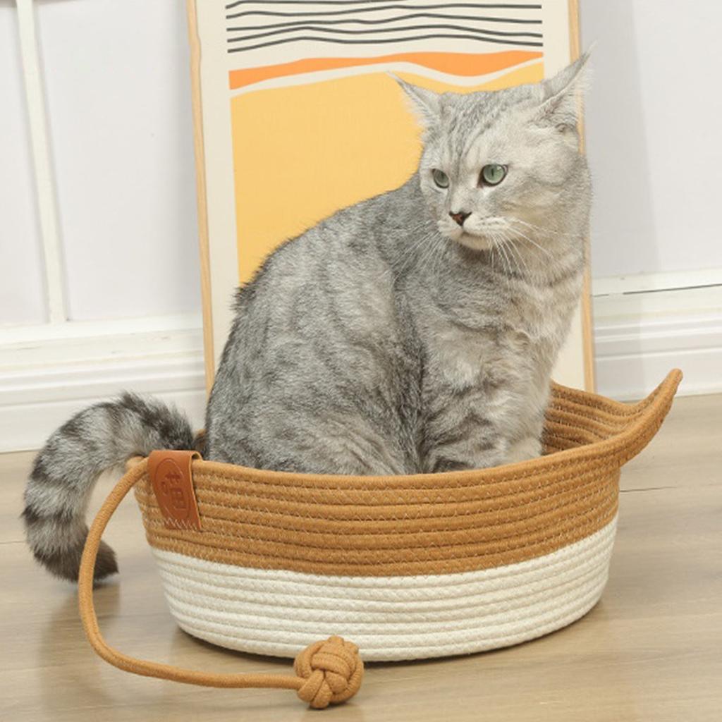 Cama Redonda para Gatos de Corda de Algodão Trançada à Mão com Alças de Orelha de Gato Removíveis Ninho Respirável para Animais de Estimação para Gatos de Interior
