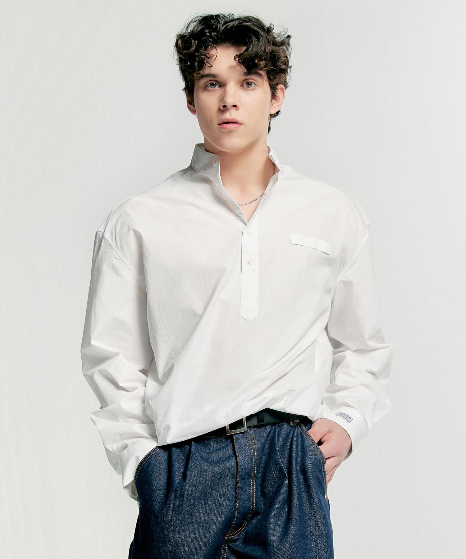 Gachi Loose Fit Henley Neck Open Shirt White M
