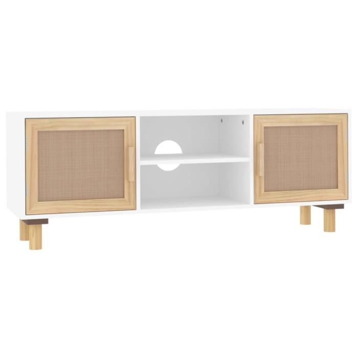 345615 vidaXL TV Stand White 105x30x40cm Solid Pine Wood and Natural Rattan