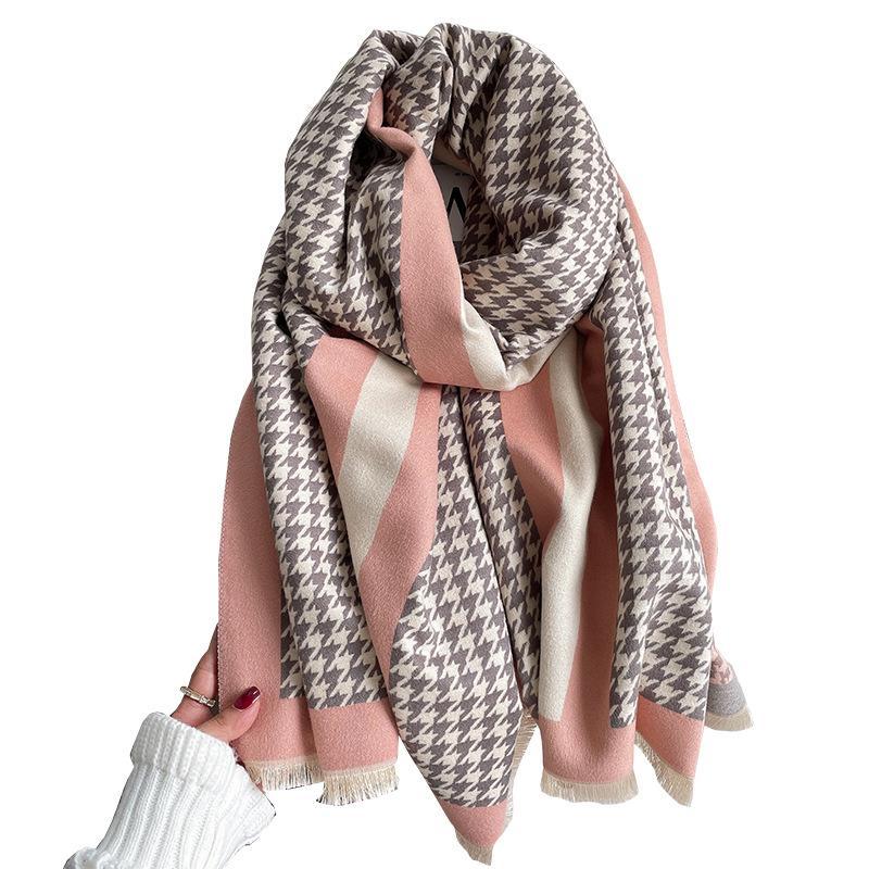 Imitation Cashmere Scarf Women'S Air-Conditioned Room Shawl Thousand Bird Grid Jacquard Elegant Long Scarf Short Beard Fringe Decorative Scarf