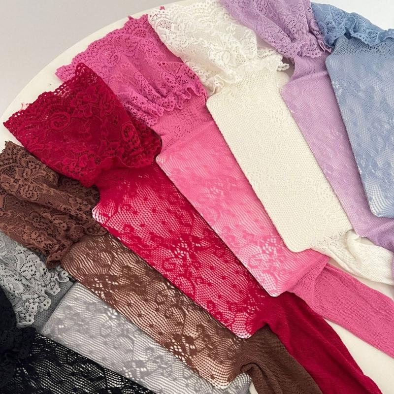 Vintage Colorful Patterned Over Knee Socks Floral Lace Trim Fishnet Mesh Stretchy Nylon Thigh High Stockings For Women