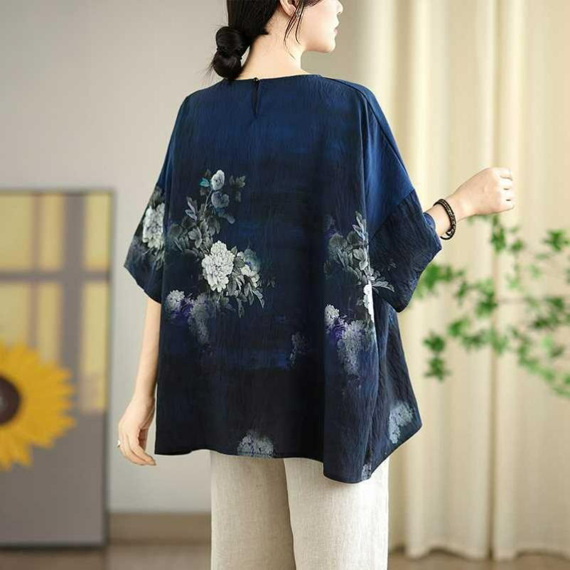 Large Size Retro Cotton and Linen Printed Half-sleeved T-shirt Women's Summer Loose Fat Mm Cover Belly and Thin Western Style Top