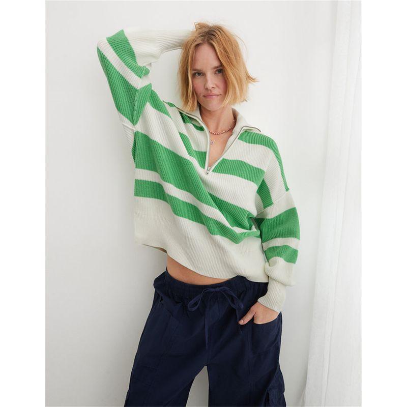 

American Aer * Xxs-xxl Size 100% Cotton Half Zipper Loose Lazy Feeling Stripe Knit Women Plus size