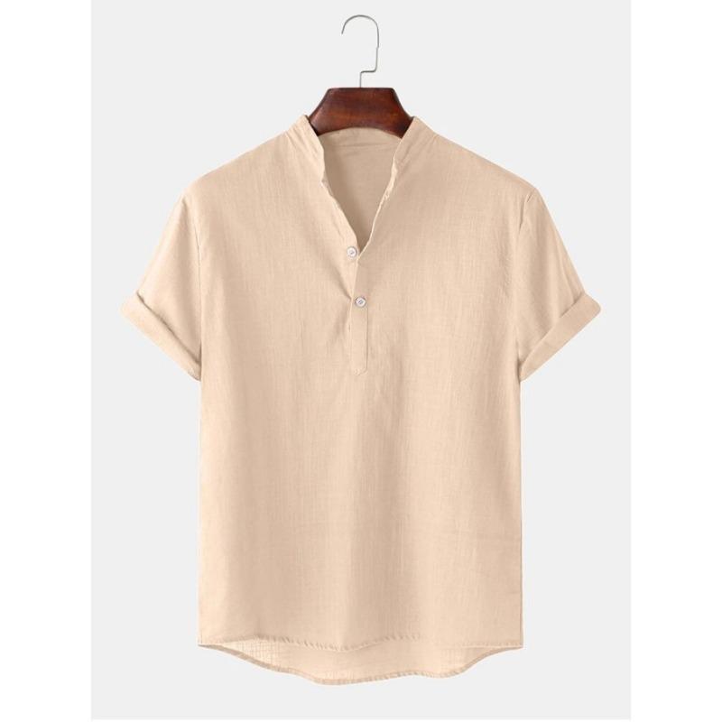 Summer Men's Cotton Linen Breathable Solid Color Short Sleeved Henry Shirt Polo Shirts Men’s