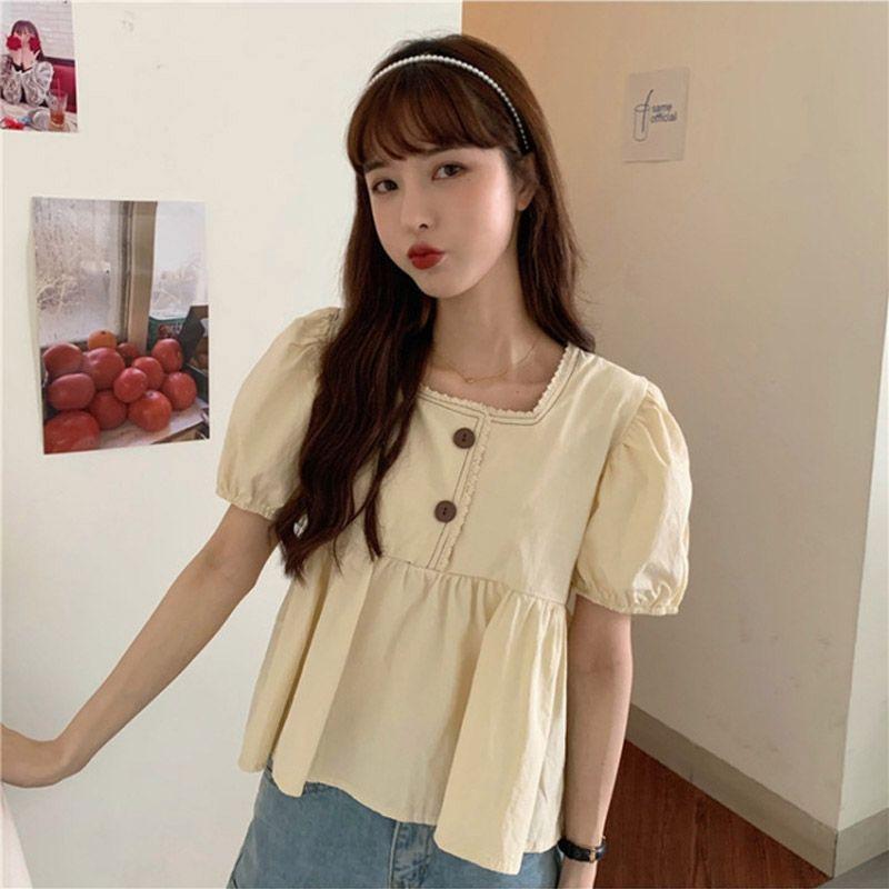Short-sleeved for Women Loose 2025 Summer New Korean Style Design Sense Doll Shirt Puff Sleeve Square Collar Shirt Short Top