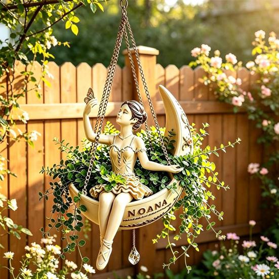 Artistic Floral Container Ballet Dancer Hanging Planter, Ballerina Sitting on Crescent Plant Pot, Decorative Cute Garden Ornament Resin Flower Pot for