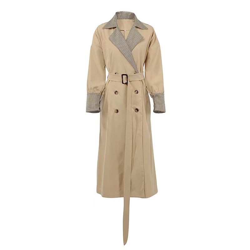 

New Arrival Fashion Plaid Patchwork Double Breasted Trench Coat Stylish Long-Cut Coat Lace up Windbreaker Khaki S