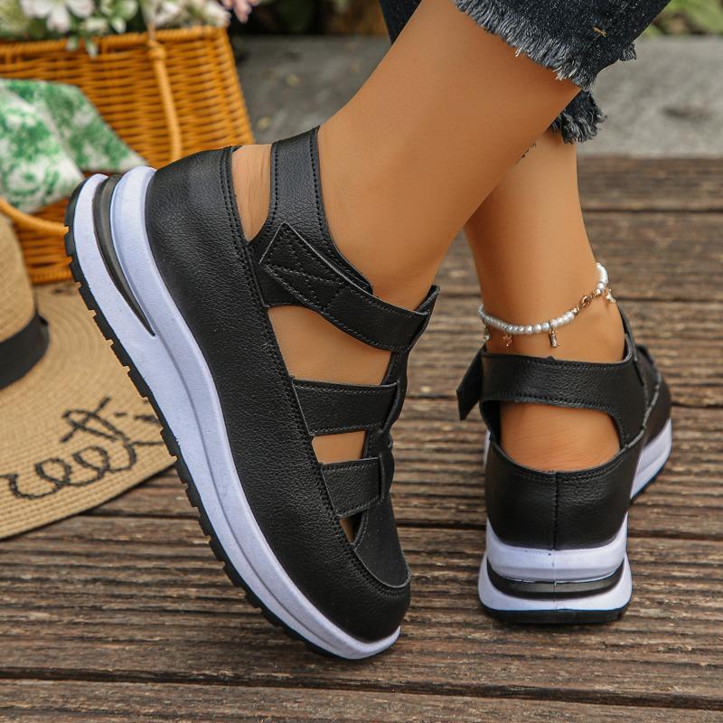 Plus‑Size Closed‑Toe Hollow‑Out Hook‑and‑Loop Thick Wedge Women Sandals
