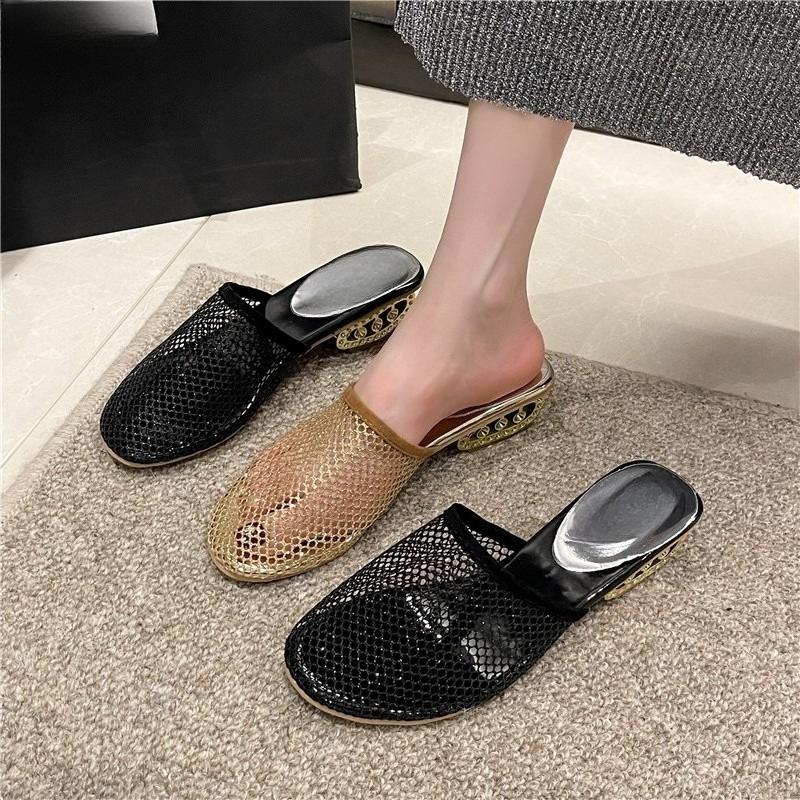 Fashion Mesh Slippers Fashion Round Toe Deep Mouth Breathable Non-slip Hollow Heel Wrapped Head Half Drag