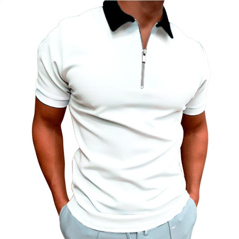 Men Slim Fit Short Sleeve Zip Collar Casual Polo Shirt