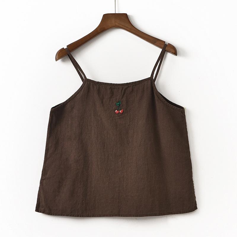 

Johnature женские винтажные майки с вышивкой, льняная одежда, летние повседневные майки M кофейный