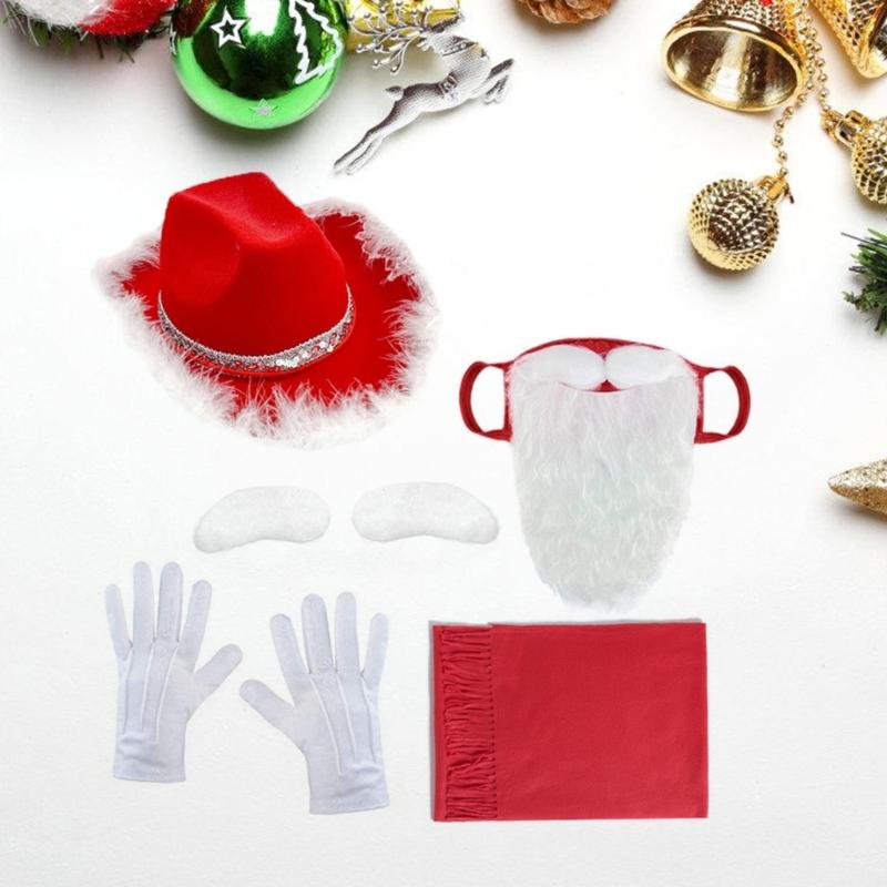 Christmas Cowman Hat Scarf Self Adhesive Eyebrows, Santa Mask with Long Beards for Women Men