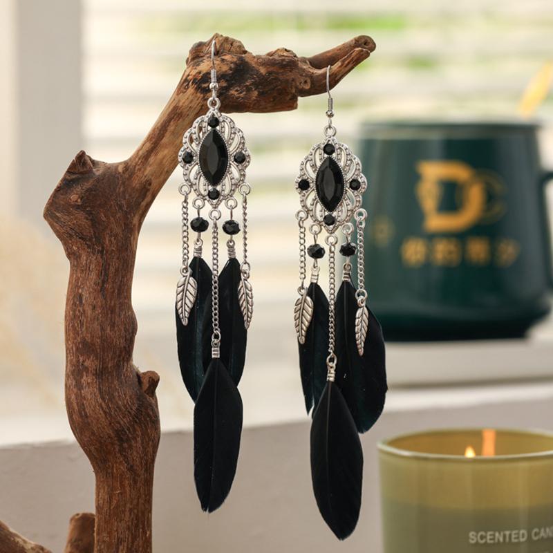 Fashion Temperament Bohemian Feather Earrings for Women Long Crystal Leaf Vintage Earring Female Wedding Party Jewelry