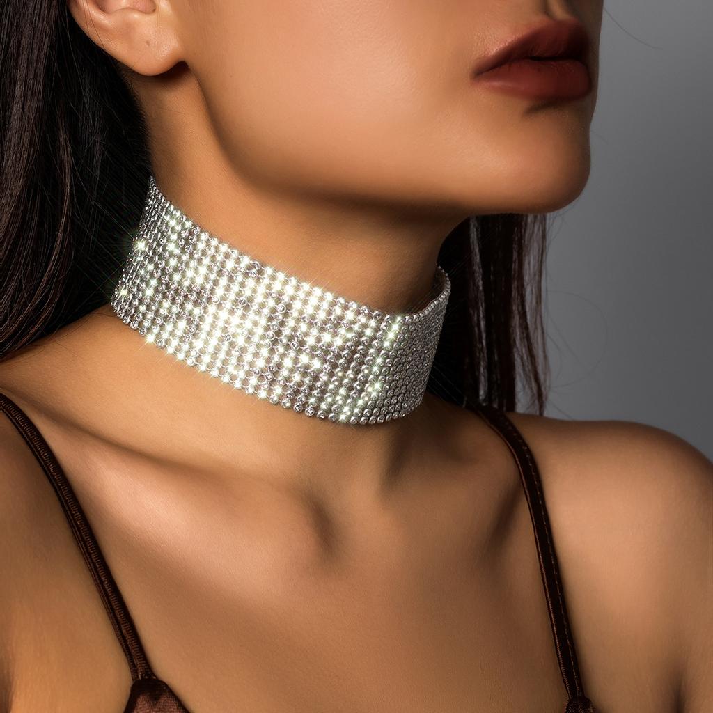 Jewelry, personalized wide-sided flash diamond show necklace, exaggerated full diamond bundle neck collar choker woman