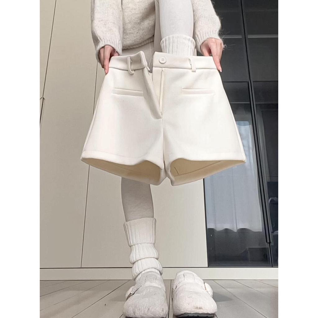 Black Woolen A-Line High Waist Korean Style Women's Bootcut Shorts for Autumn/Winter