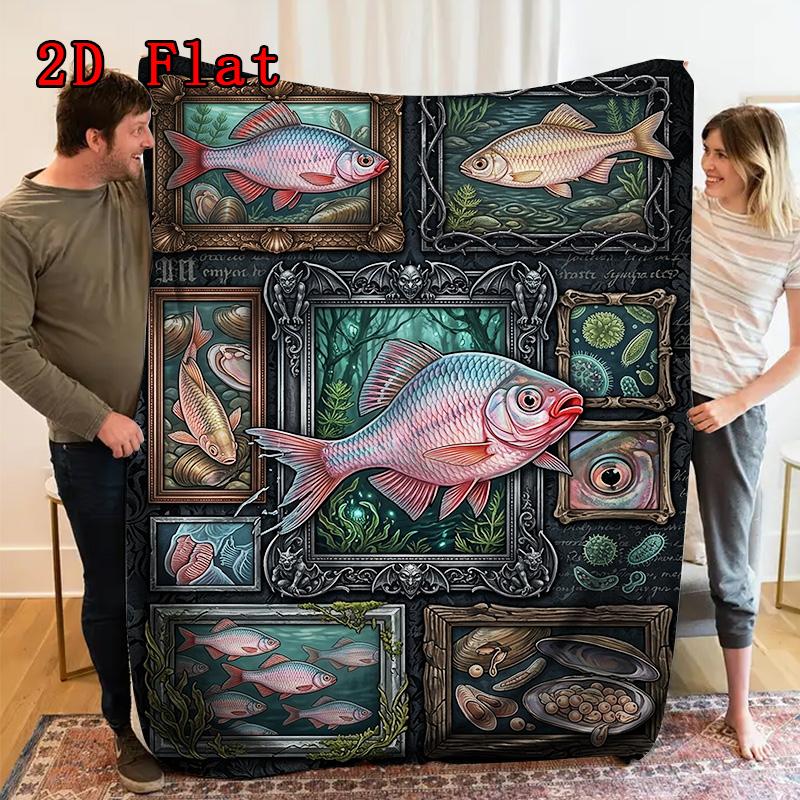 Fish Fantasia 2D Flat Pattern Flannel Blanket, High quality All Seasons, Home Decor, Warmth and Comfort, Perfect for Christmas Gifts.