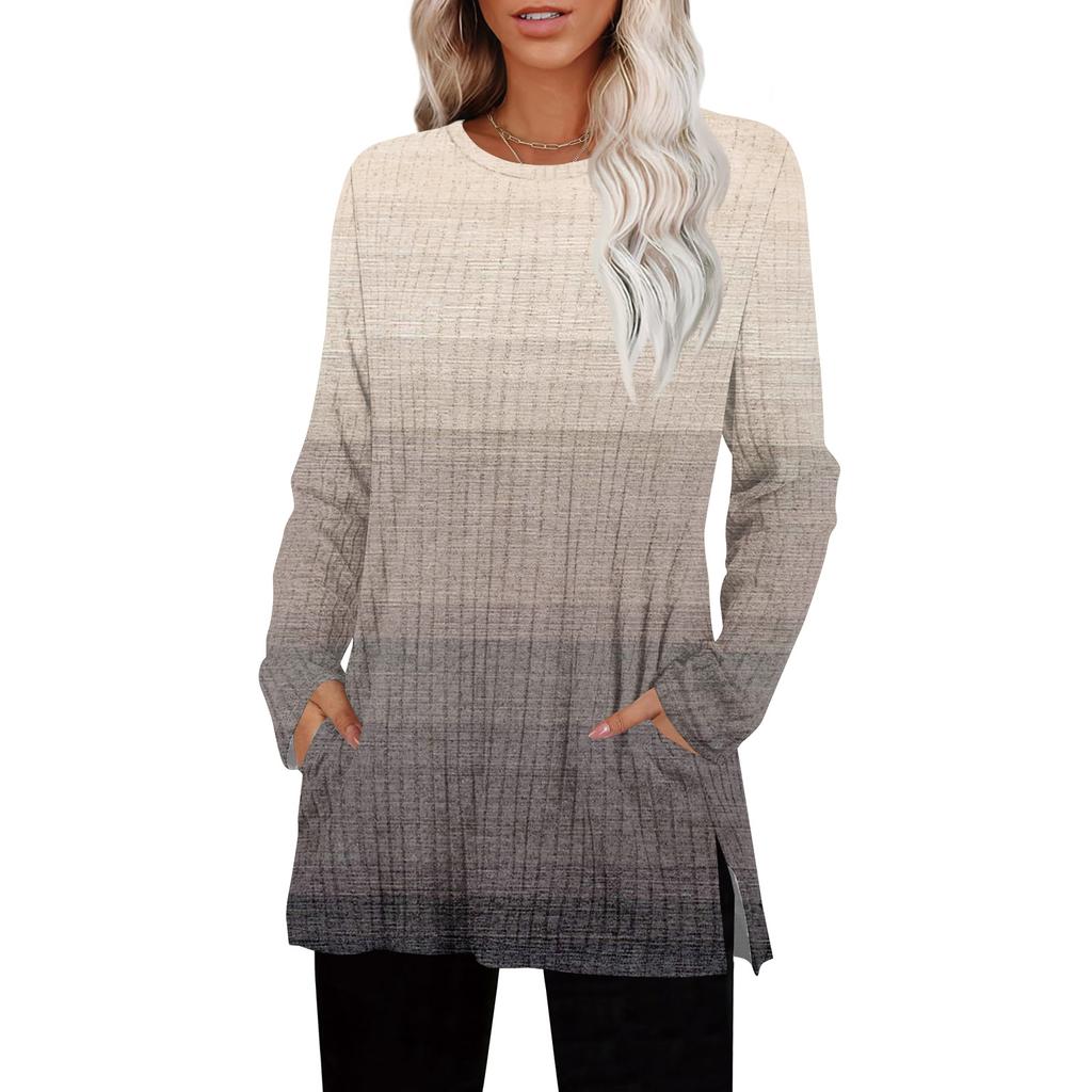 Womens Sweaters Crewneck Long Sleeve Shirts With Pockets Fall Outfits  Fashion Winter Clothing Side Slit