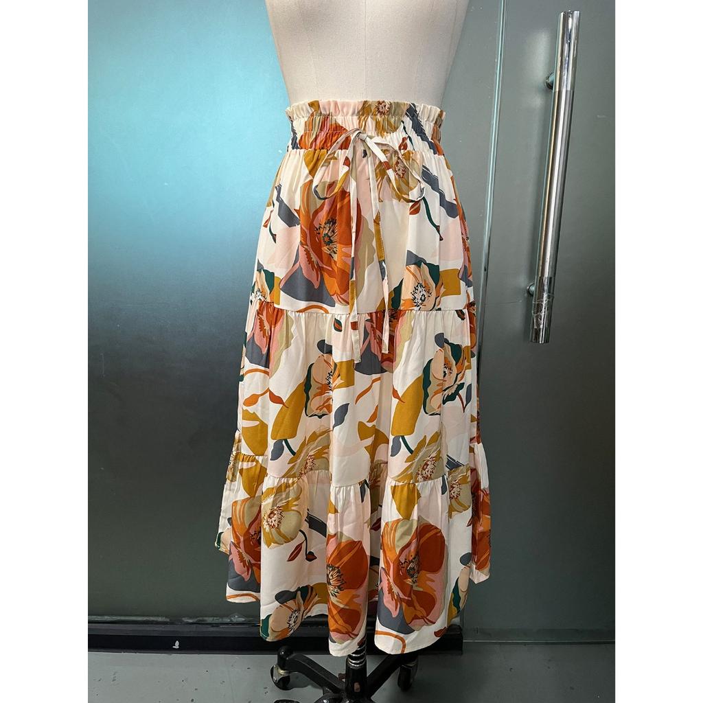 A-line Skirt, Pleated Skirt, Floral Print, Elastic Waist, Midi Skirt