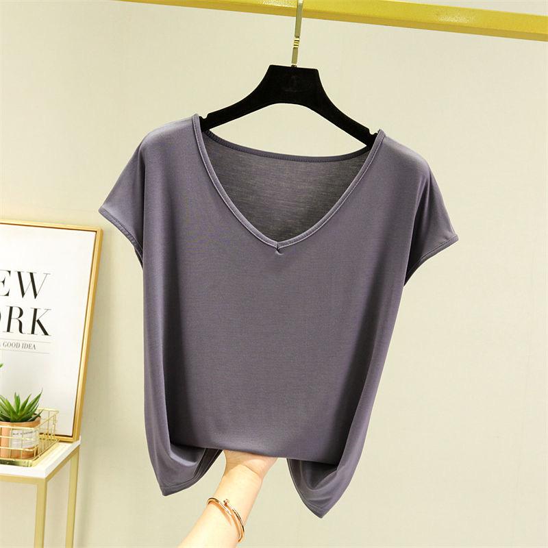 Women Summer Solid V Neck Basic T Shirt Modal Loose Tee Tops Casual Undershirt