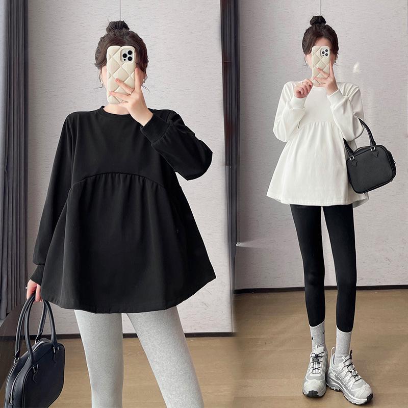 Maternity Korean Style Two-Piece: Color-Reducing, Age-Reducing Baby Doll Shirt & Long-Sleeved Sweatshirt - Plus Size, Slimming, Cover Belly.