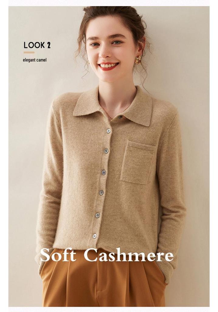 Women's Cashmere Polo Collar Knit Top: Versatile Solid Color Cardigan Sweater Coat