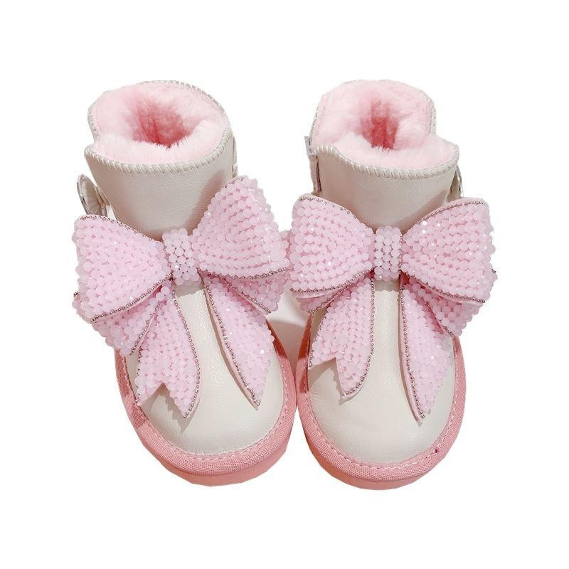 Mädchen Schneestiefel mit Schleife und Kristall, Winter Kinder Anti-Rutsch Rosa Prinzessin Knöchelhohe Stiefel