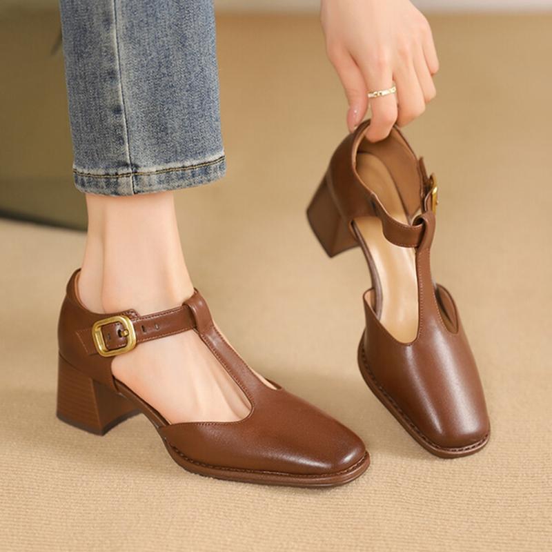Fashion NEW Summer Women Sandals Split Leather Shoes for Women Square Toe Chunky Heel Shoes Retro Mid-heel Mary Janes Retro Black Shoes