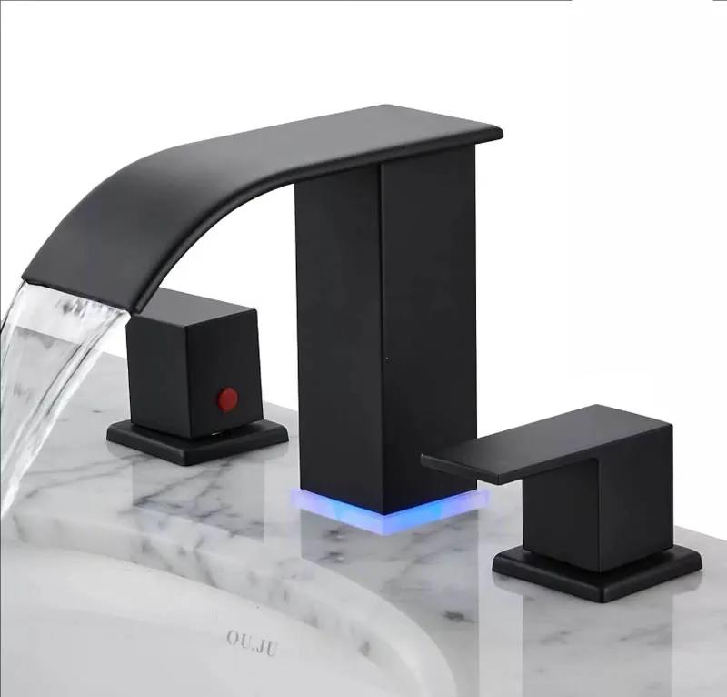 LED Waterfall Bathroom 3 holes Basin Faucet, 2 Handles Cold Hot Water Mixers Sink Tap RGB Color Change Powered by Water Flow