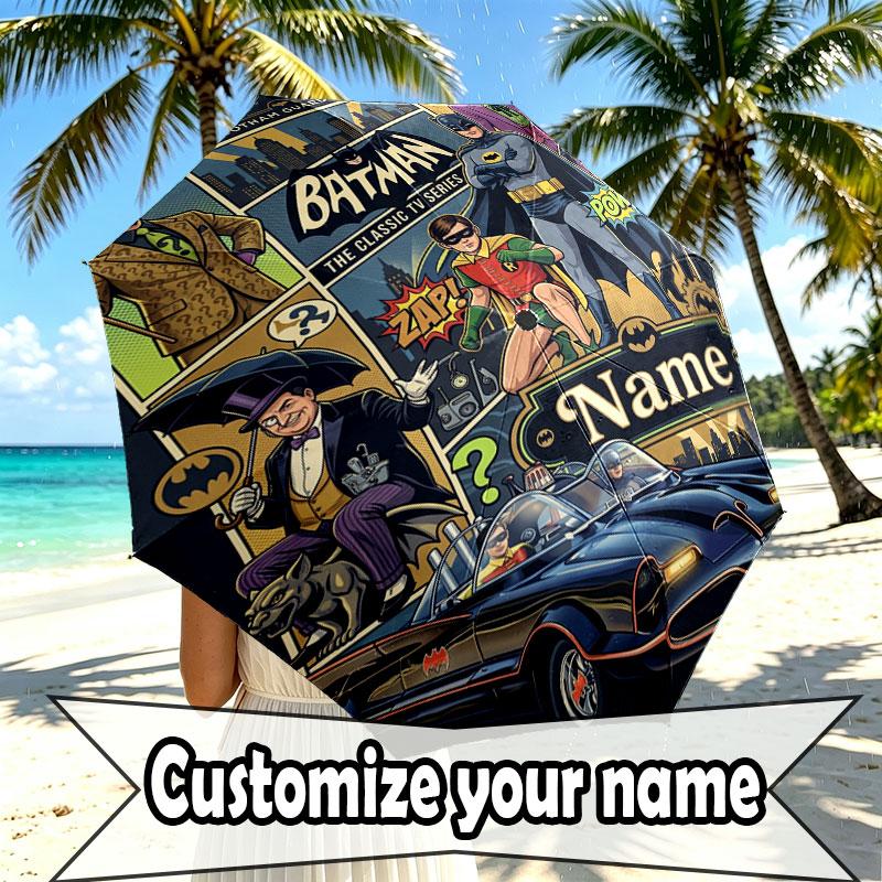 Custom Name Personalized Batman Print Umbrella, Auto Open Close, 8‑Rib Sturdy Frame, Commute Camping Hiking Use, Birthday Gift