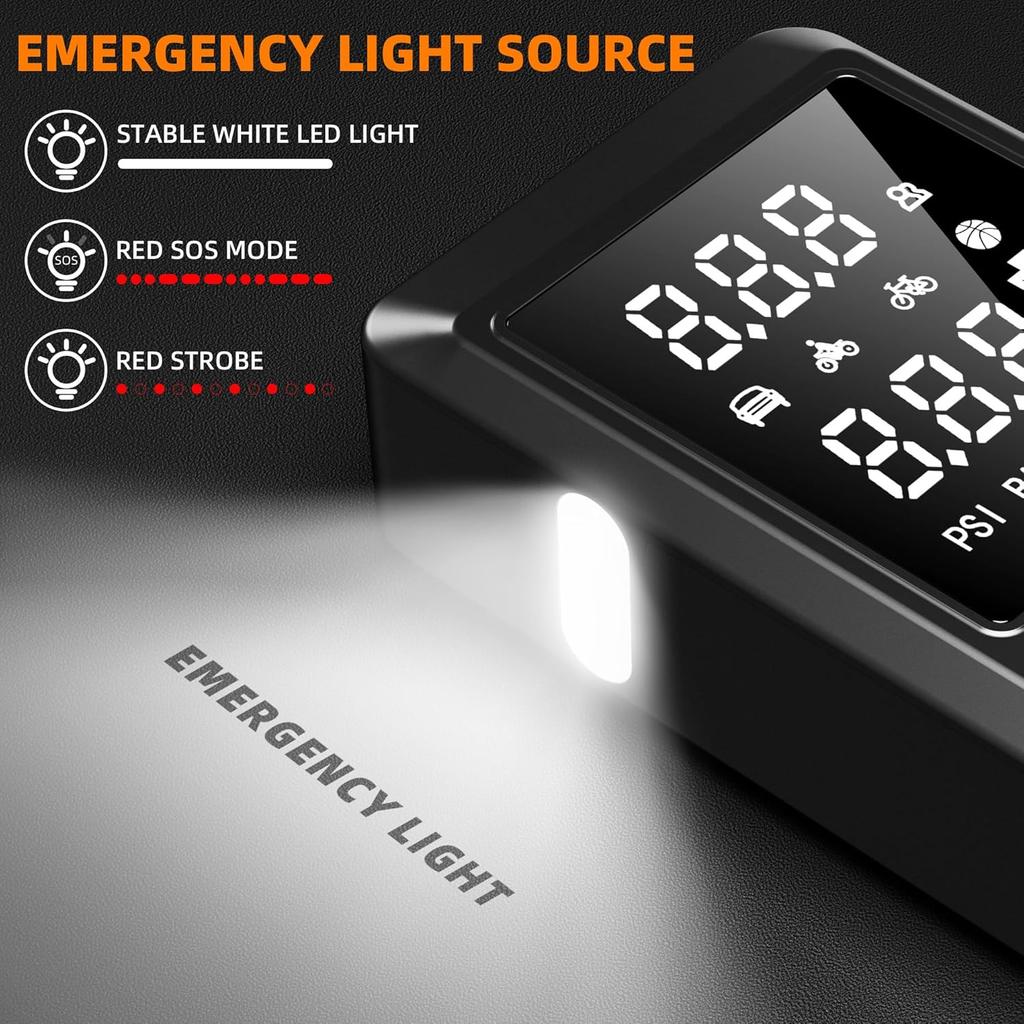 Startovací zdroj pro auto s kompresorem 150PSI, přenosný, 12V startovací box s chytrými startovacími kabely, displej tlaku v pneumatikách