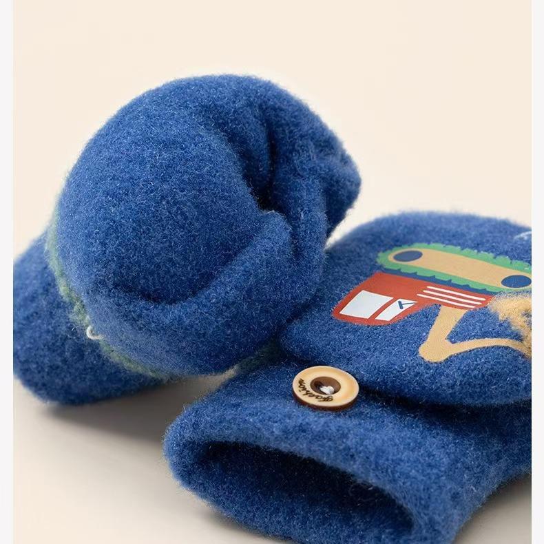 Cartoon Winter Gloves for Boy Cute Excavator Thick Warm Kids Half Finger Flip Mittens Outdoor Toddler Windproof Children Gloves