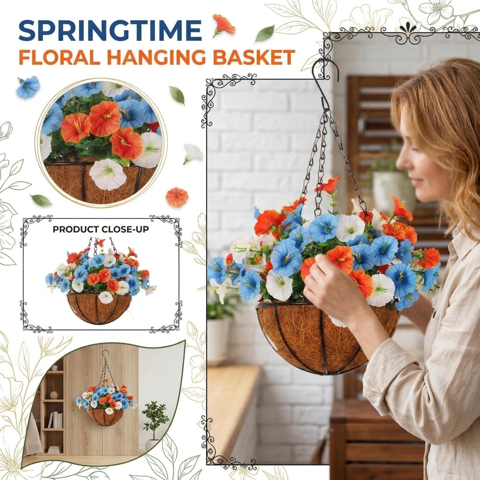 Spring Artificial Flower Hanging Basket, Morning , Hanging Basket, Flower Wreath, Home Flower Wrought Iron Hanging Pot Decoration One Size