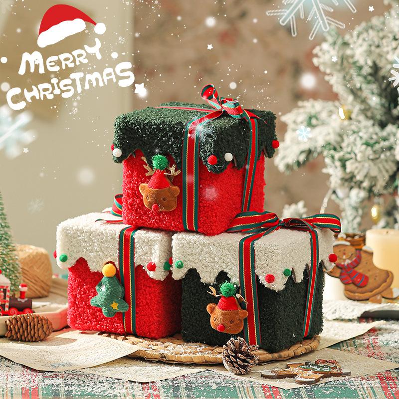 Christmas Gift Box Reindeer Xmas Tree Felt Box with Ribbon Multifunctional Plush Candy Treat Box for Small Gifts Snacks Christma
