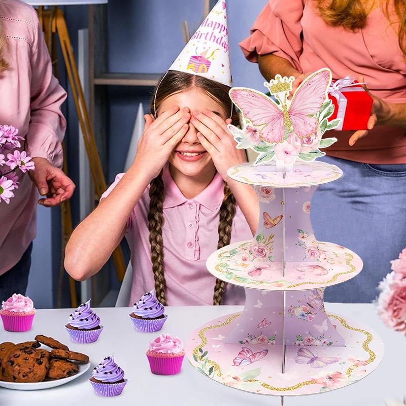 1 Set 3 Tiers Butterfly Cupcake Cake Stand Wedding Birthday Party Decorations, Cardboard Cupcake Holder Cupcake Tower for Party