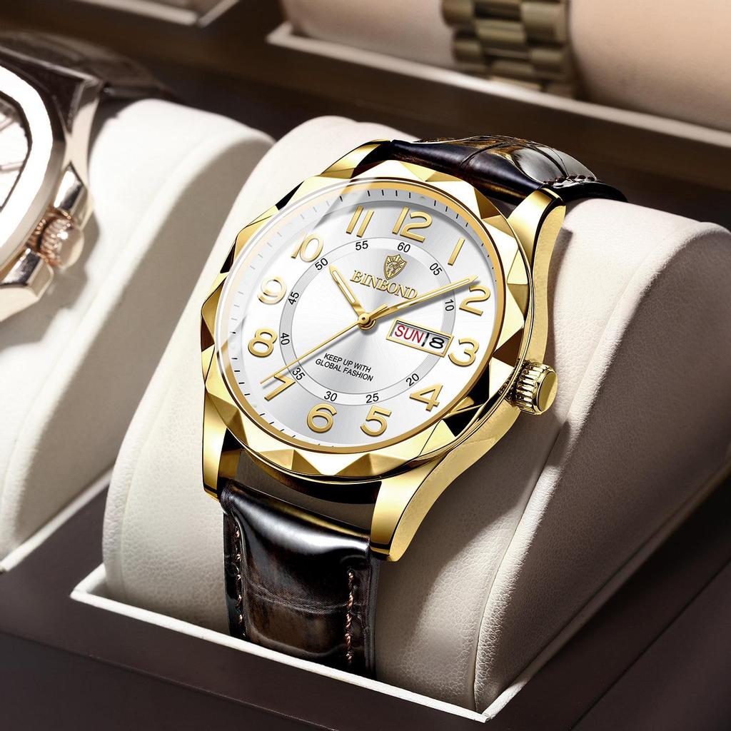 Binbang Ultra-thin Luminous Men's Quartz Watch - Automatic Movement, Waterproof with Calendar, Leather Strap, Business & Fashion Style.