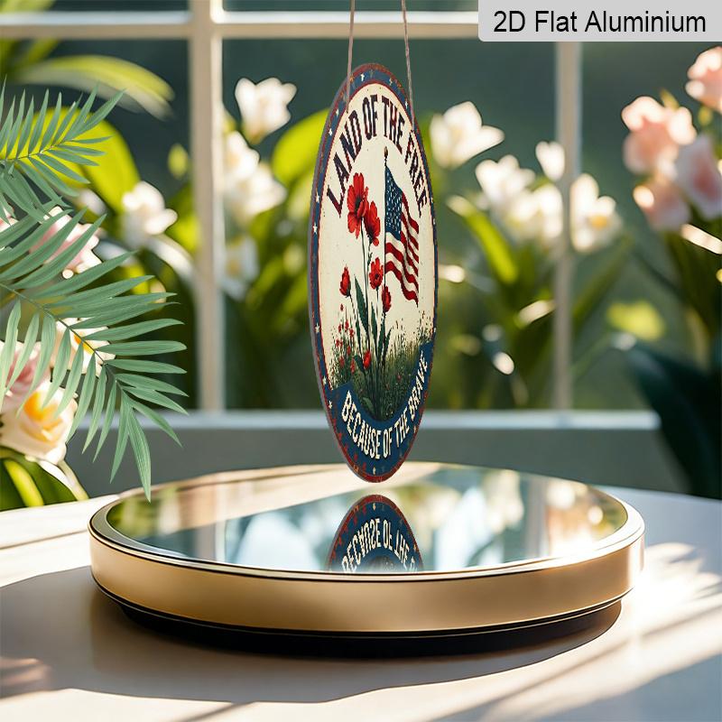 2D Flat, 1Pc Round Patriotic Aluminum Wall Art Sign - American Flag & Floral Design, "Land of the Free" Text, Easy To Hang with Pre-Drilled Holes