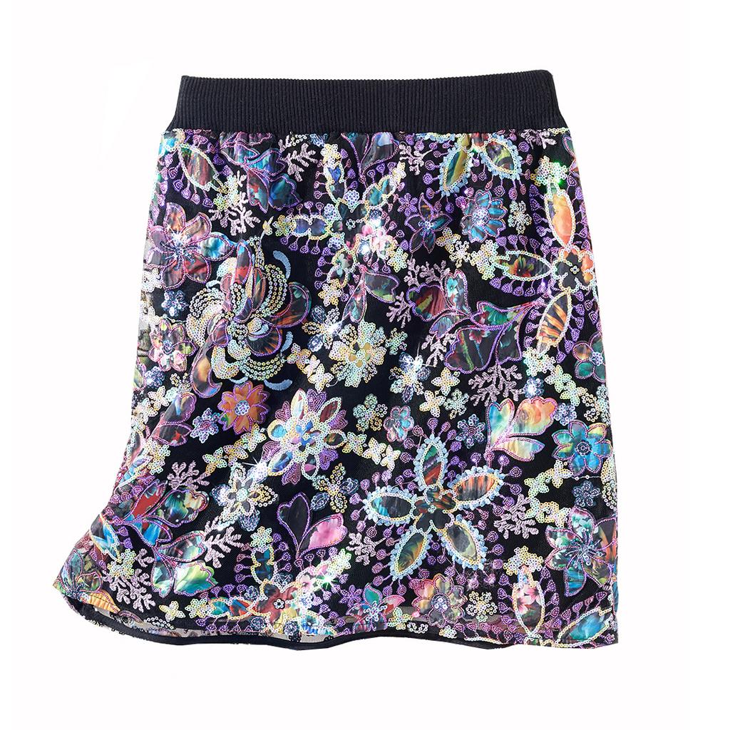 Spring Luxury Knitted Women Mini Skirt Elastic High Waist Sequined Embroidery Lace A-Line Skirts C-229