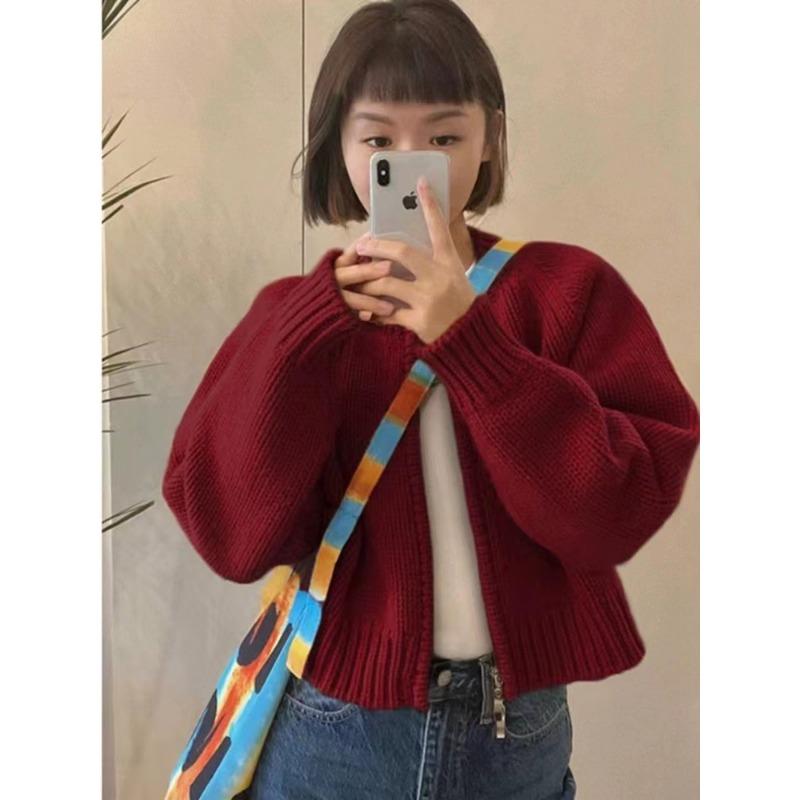 Women Pink Cropped Knit Cardigan Crew Neck Long Sleeve Loose Fit Casual Soft Autumn Winter New Sweater Coat