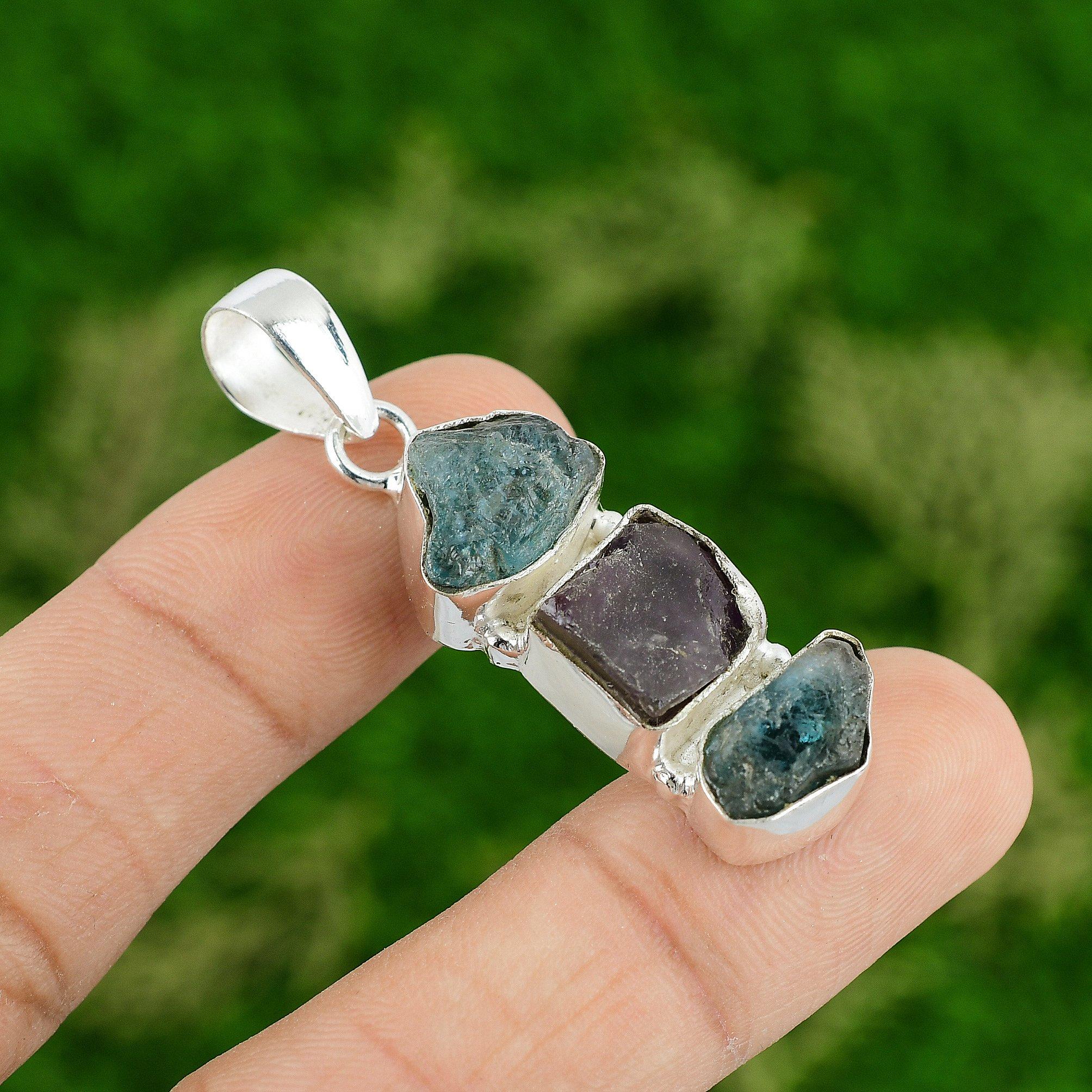 

Friendship Day Sale Neon Apatite Rough Stone 925 Silver Handcrafted Wife Pendant