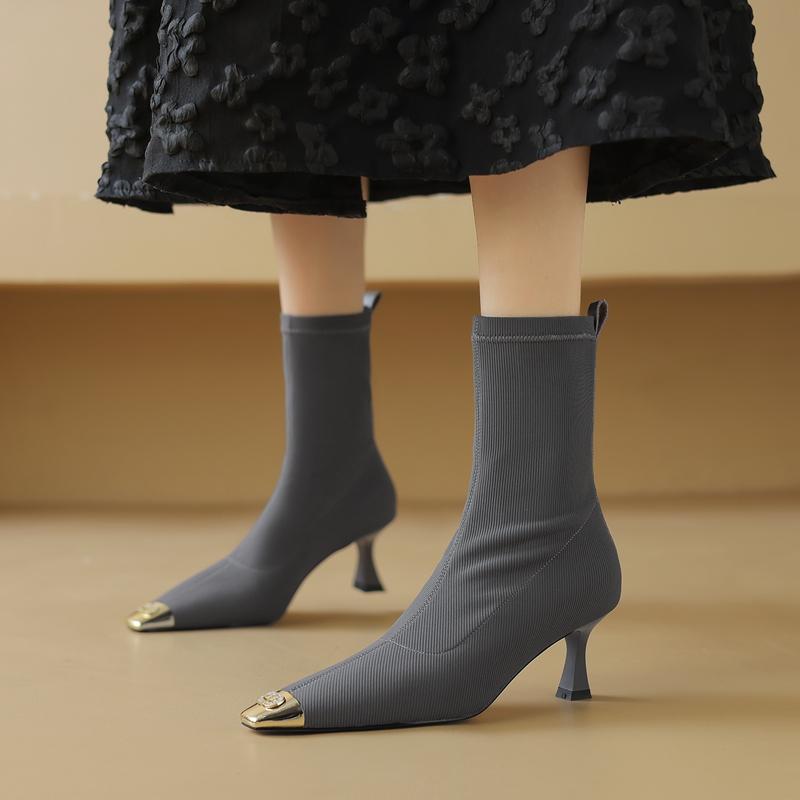 Fashion Women's new autumn and winter metal rhinestone square toe high-heeled oversized calf comfortable breathable elastic short boots