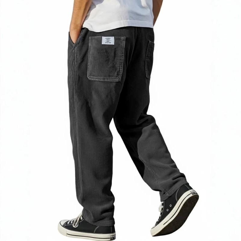 Mens Relaxed Fit Straight Leg Corduroy Pants With Embroidery Detail Casual Trousers 2026