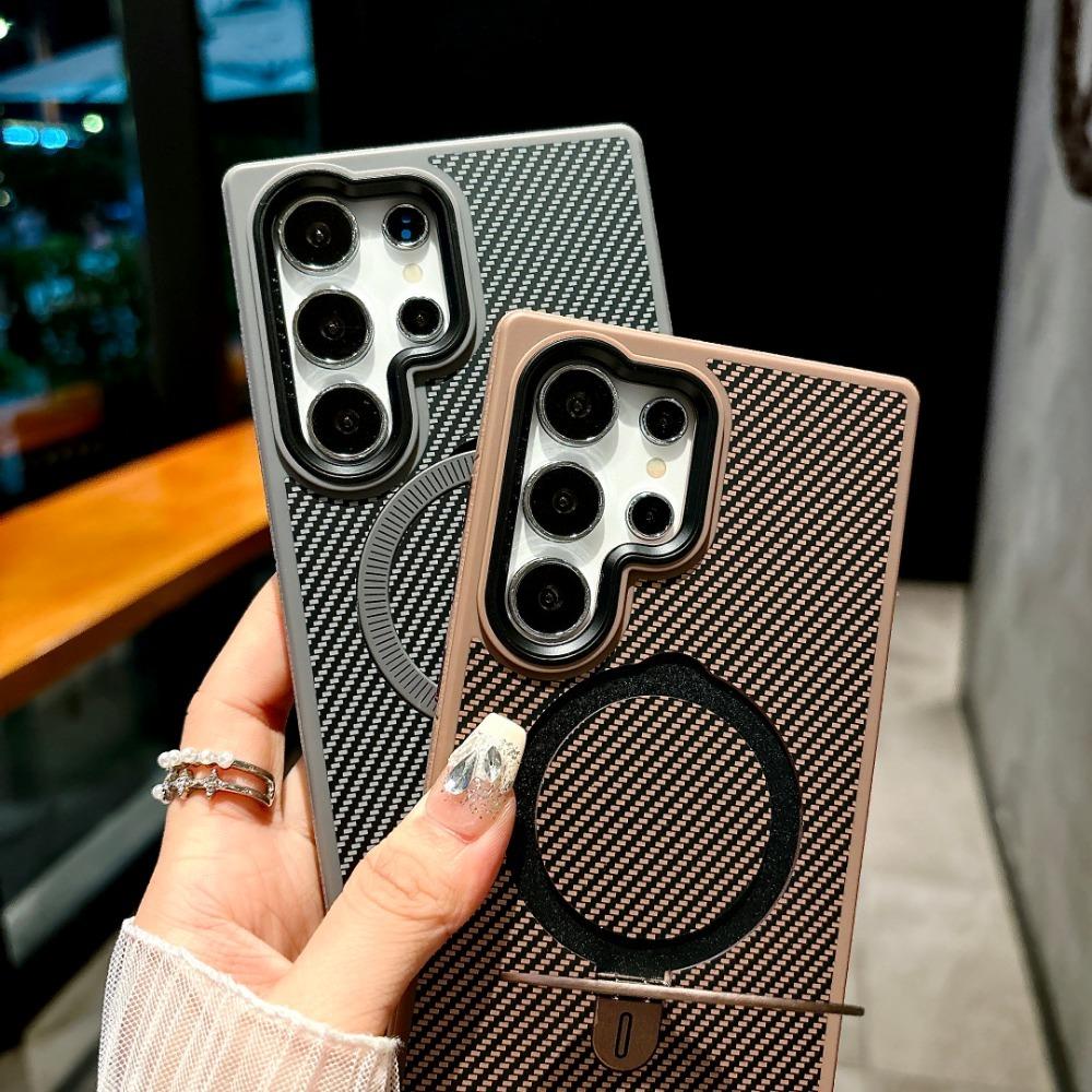 Carcasă telefon magnetică din piele cu fibră de carbon pentru S24 Ultra, cu suport inel, pentru Samsung Galaxy S24 Ultra, carcasă dură din plastic