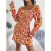 Women's Autumn/winter Sexy Square Collar Print Long Sleeve Ruffled Hip Wrap Dress