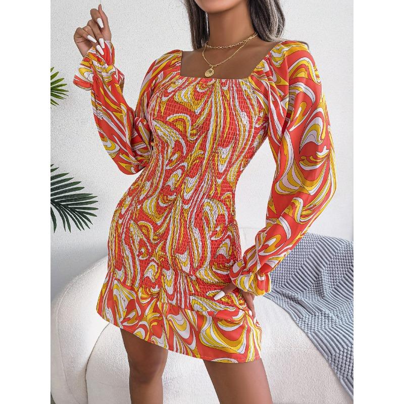 Women's Autumn/winter Sexy Square Collar Print Long Sleeve Ruffled Hip Wrap Dress